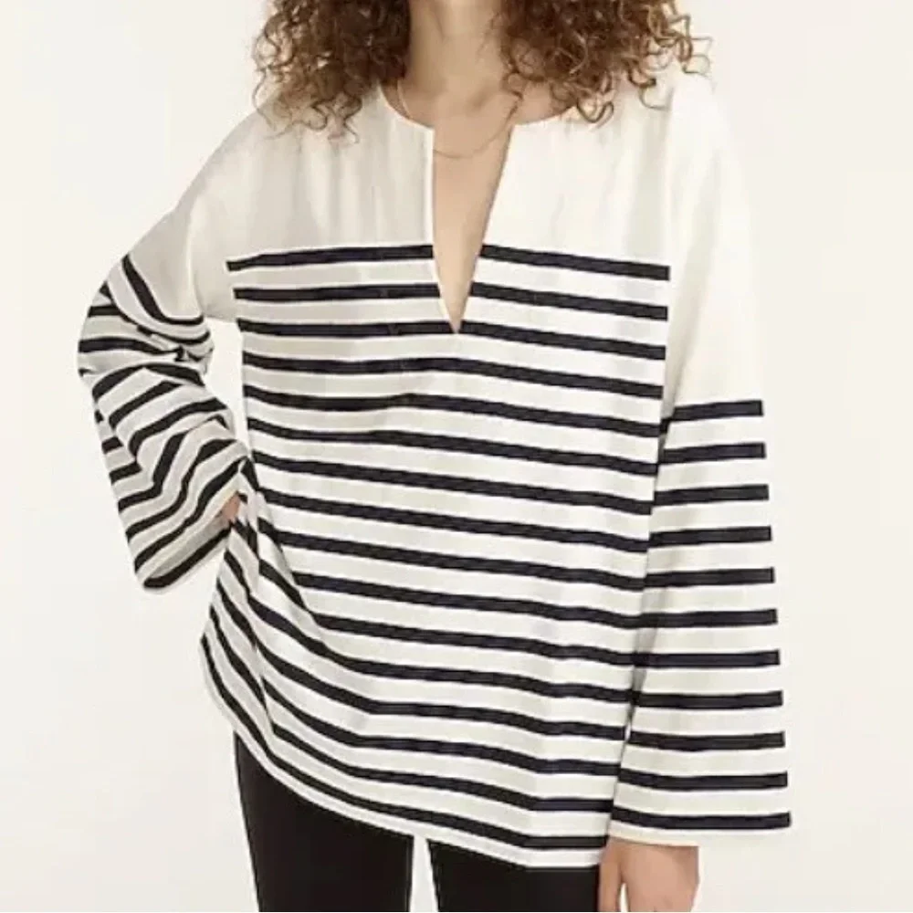 J Crew Mariner Cloth Tunic Top Stripe Oversized Ivory Navy Long Sleeve Shirt
